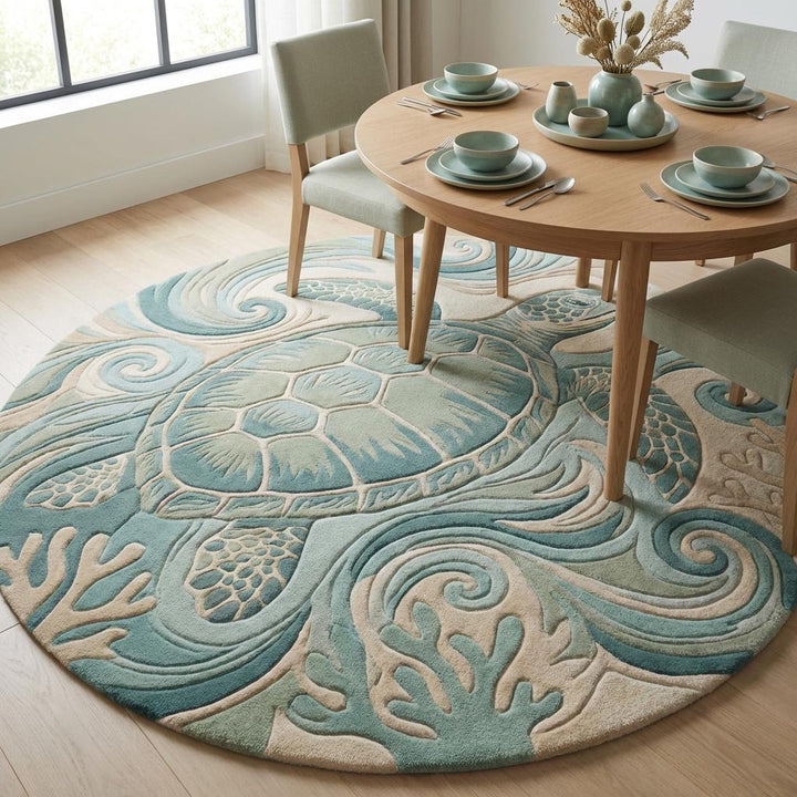 Translation missing: en.Hand Tufted Round Turtle Rug 6x6 Coastal Wool Area Rug Ocean Theme Nursery Kids Room Beach House Decor