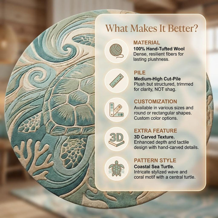 Translation missing: en.Hand Tufted Round Turtle Rug 6x6 Coastal Wool Area Rug Ocean Theme Nursery Kids Room Beach House Decor