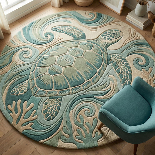 Translation missing: en.Hand tufted round turtle rug with sculpted wool sea turtle design for coastal nursery and beach house decor