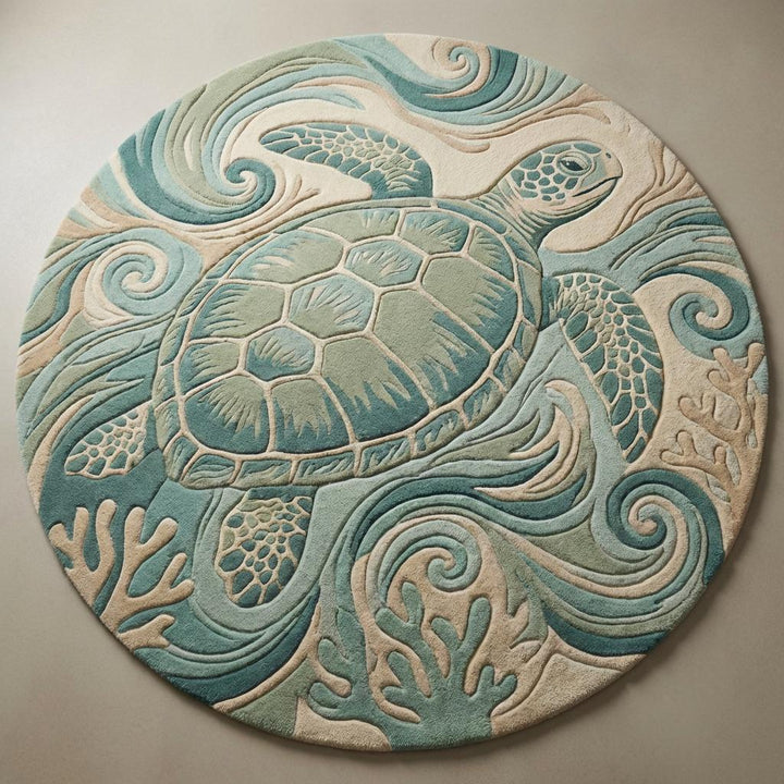 Translation missing: en.Large 6x6 round coastal area rug with sea turtle motif placed on wooden floor beside teal accent chair in modern living room
