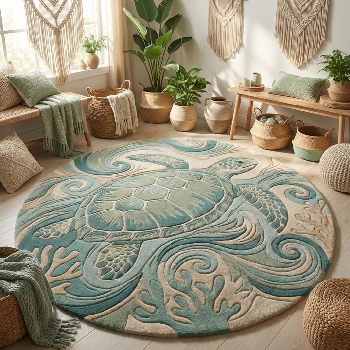 Translation missing: en.Ocean themed wool round rug with marine turtle and coral artwork designed for kids bedroom or beach house interior