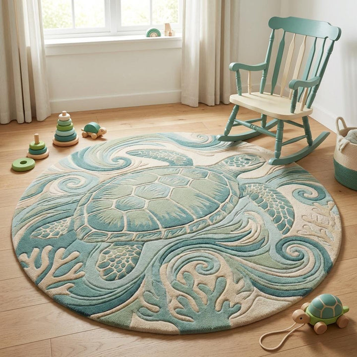 Translation missing: en.Teal and sage coastal turtle rug featuring dimensional carved pile and circular layout for nursery décor