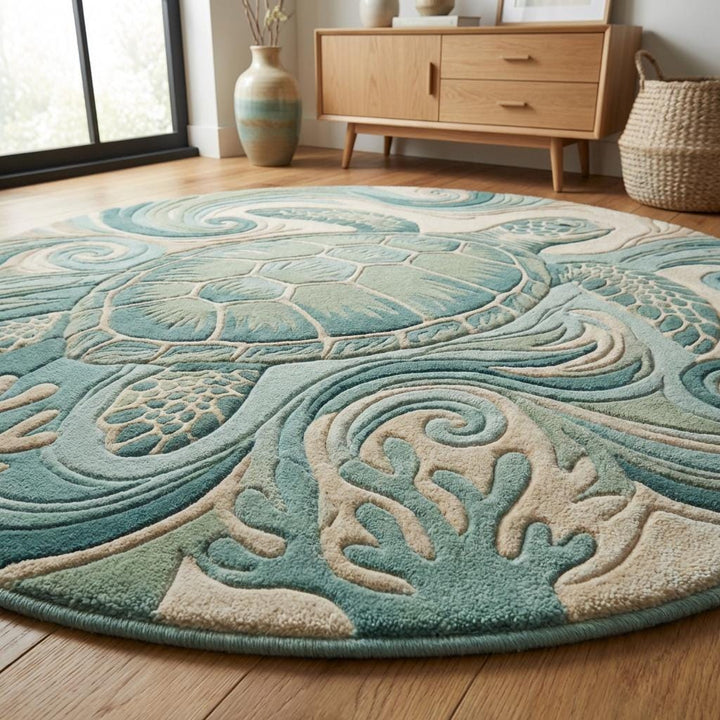 Translation missing: en.Hand carved tufted wool turtle area rug styled under accent chair in soft neutral coastal interior setting