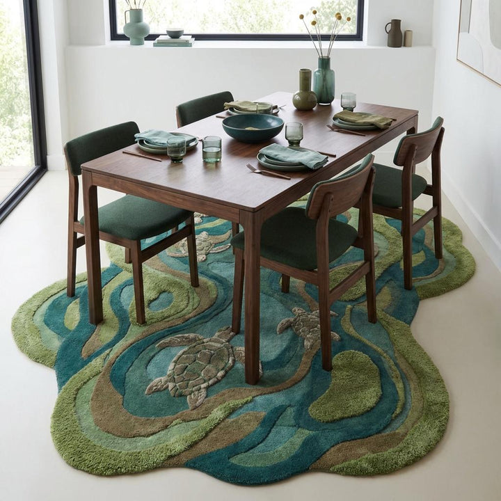 Translation missing: es.Hand Tufted Turtle Rug, Coastal Kids Room Wool Area Rug, Organic Ocean Shape Nursery Decor
