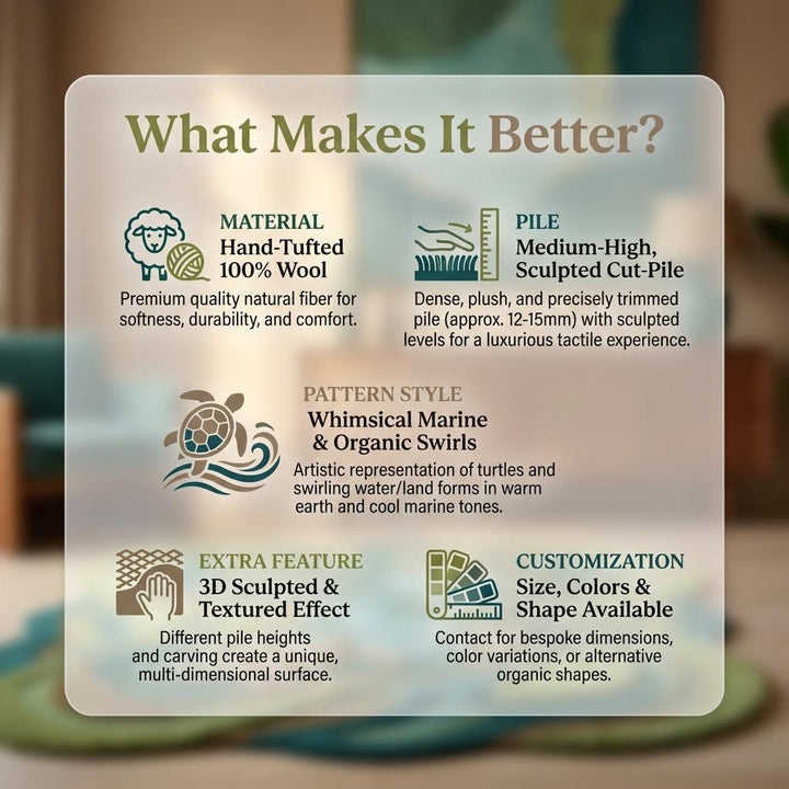 Translation missing: es.Hand Tufted Turtle Rug, Coastal Kids Room Wool Area Rug, Organic Ocean Shape Nursery Decor