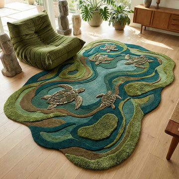 Translation missing: fr.Hand tufted turtle rug in teal and green wool with carved texture for kids coastal room decor