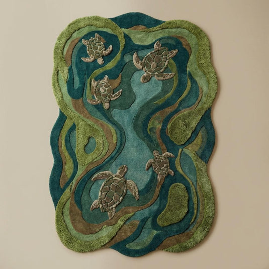 Translation missing: es.Sea turtle themed nursery area rug with sculpted contours and layered coastal green color palette