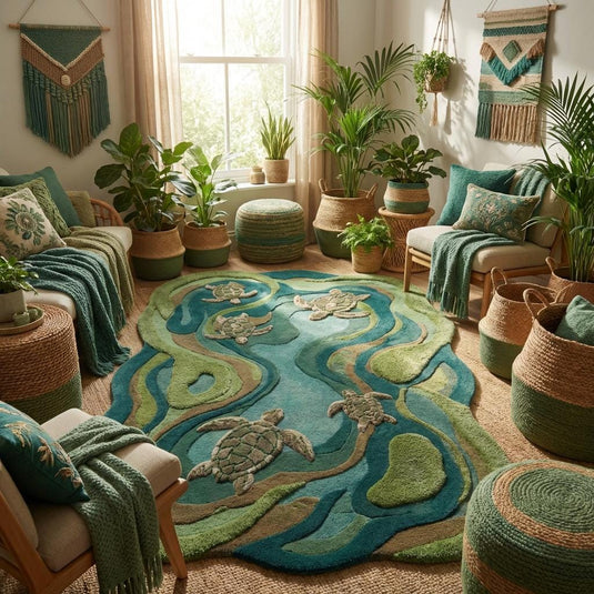 Translation missing: es.Modern coastal kids room rug with organic edges and playful ocean inspired turtle design