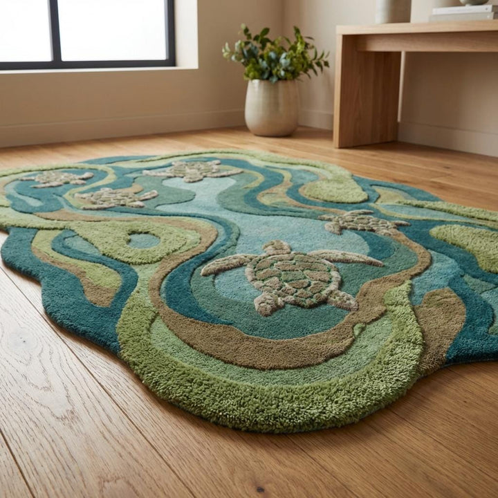 Translation missing: es.Nature themed wool playroom rug in teal, moss, and sage tones with dimensional tufted detailing