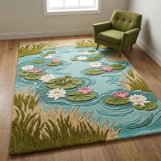 Translation missing: es.Hand tufted wool area rug with lily pond frog design in aqua blue and botanical tones