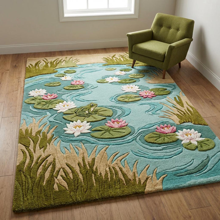 Translation missing: es.Hand tufted wool area rug with lily pond frog design in aqua blue and botanical tones
