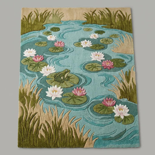 Translation missing: es.Botanical nursery rug with aqua blue water design, moss green borders, and dimensional floral carving for kids room décor