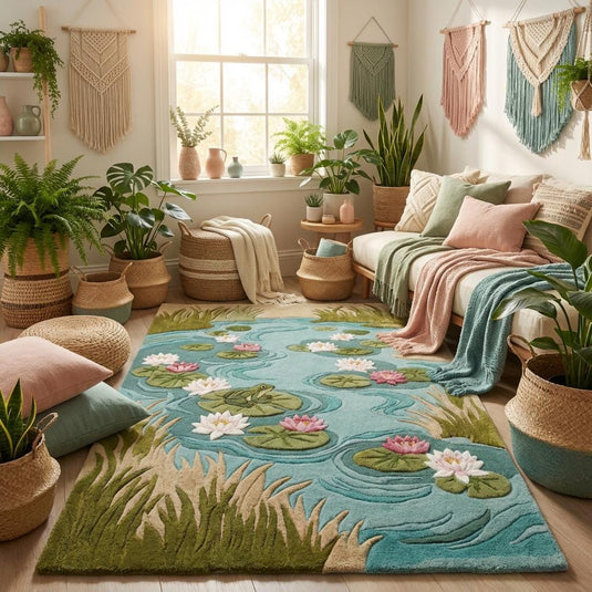 Translation missing: es.Cottagecore inspired wool area rug with frog and lily pond theme styled in cozy reading nook with green armchair
