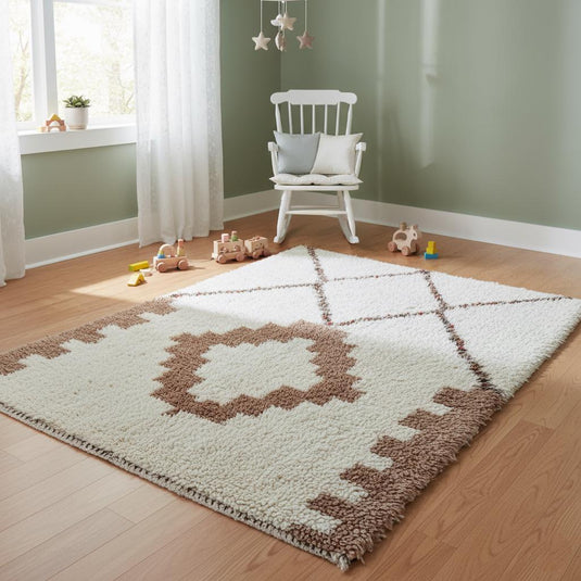 Translation missing: es.Neutral ivory and warm beige boho wool rug with minimalist Moroccan design on floor