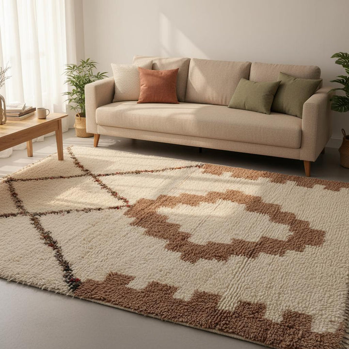 Translation missing: es.Modern Moroccan living room rug wool, ivory &amp; beige tones, housewarming gift décor piece