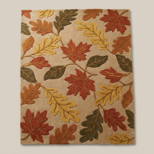 Translation missing: en.Textured floral wool area rug featuring oversized autumn leaves on neutral beige base for living room décor