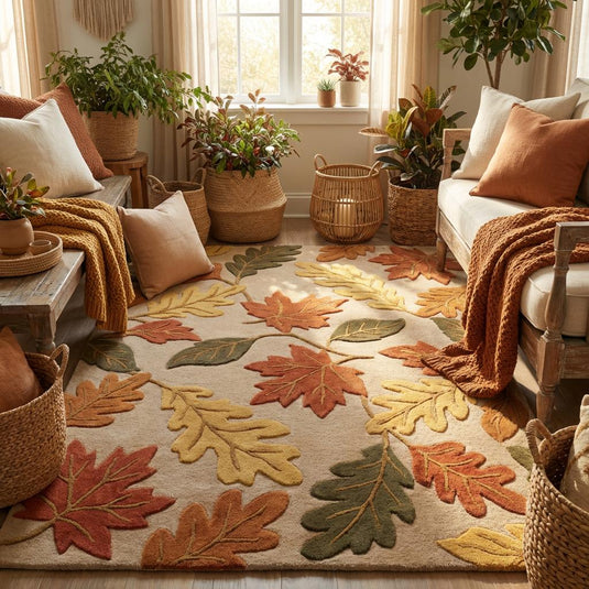 Translation missing: en.8x10 hand tufted wool rug with fall inspired leaf pattern styled on wooden floor in modern interior