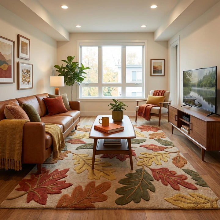 Translation missing: en.Carved wool leaf pattern rug with dimensional raised design and earthy color palette for cozy home décor