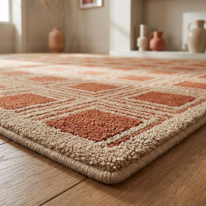Translation missing: es.Hand Tufted Wool Geometric Area Rug, Rust Terracotta Modern Square Pattern Carpet for Living Room Bedroom Home Decor