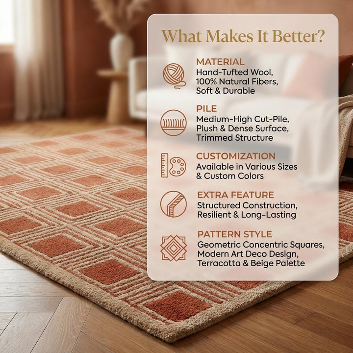 Translation missing: es.Hand Tufted Wool Geometric Area Rug, Rust Terracotta Modern Square Pattern Carpet for Living Room Bedroom Home Decor