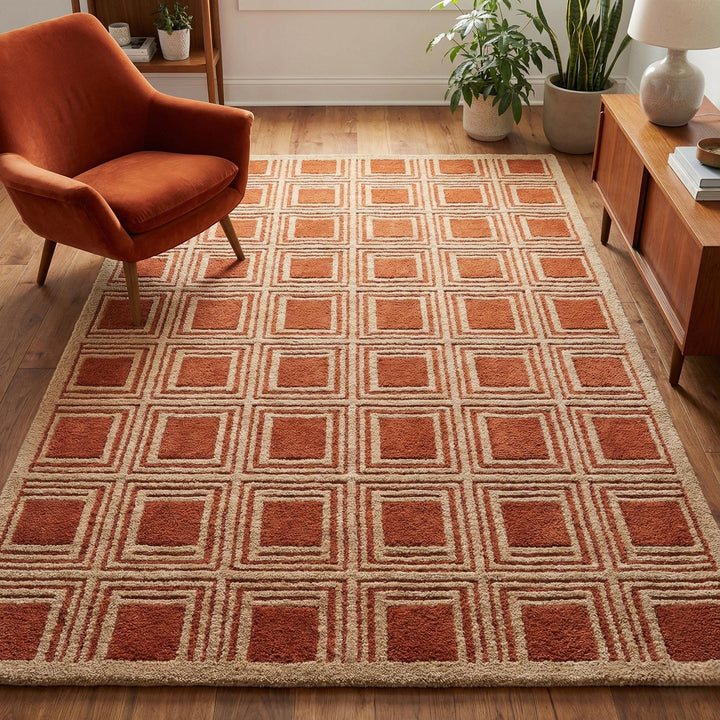 Translation missing: es.Hand tufted wool geometric rust terracotta area rug with carved square pattern for modern home decor