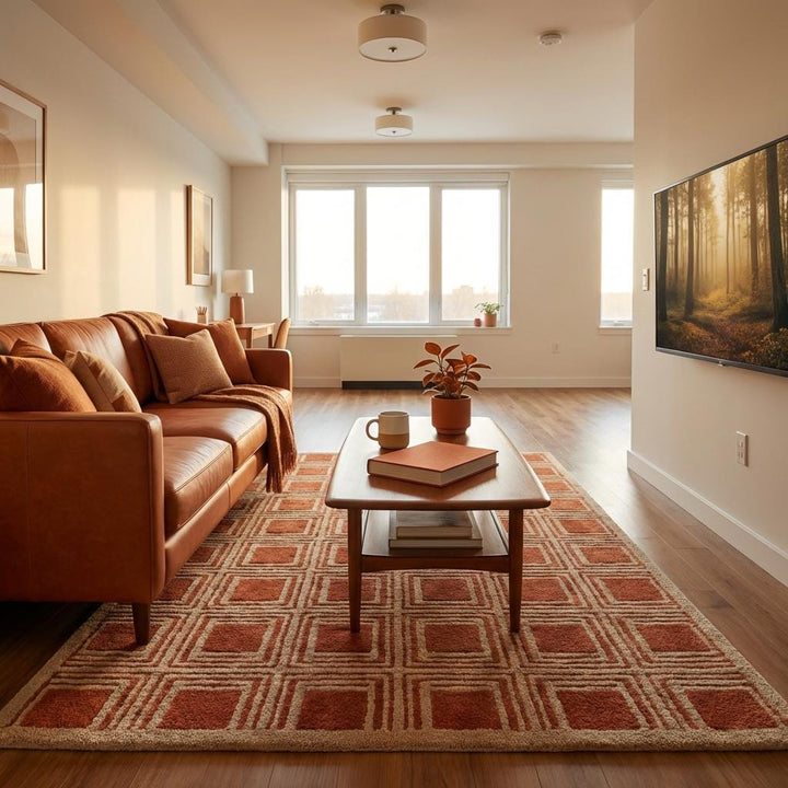 Translation missing: es.Warm terracotta and cream geometric wool carpet with high low texture adding dimension to minimalist interior space