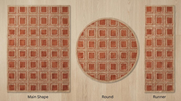 Translation missing: es.Hand Tufted Wool Geometric Area Rug, Rust Terracotta Modern Square Pattern Carpet for Living Room Bedroom Home Decor