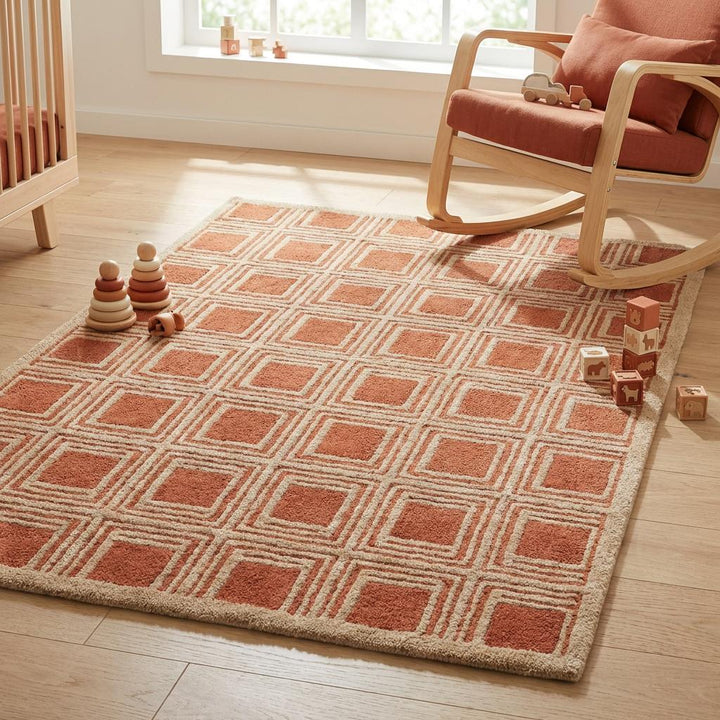 Translation missing: es.Handmade tufted modern area rug with sculpted square borders creating statement floor décor for stylish homes