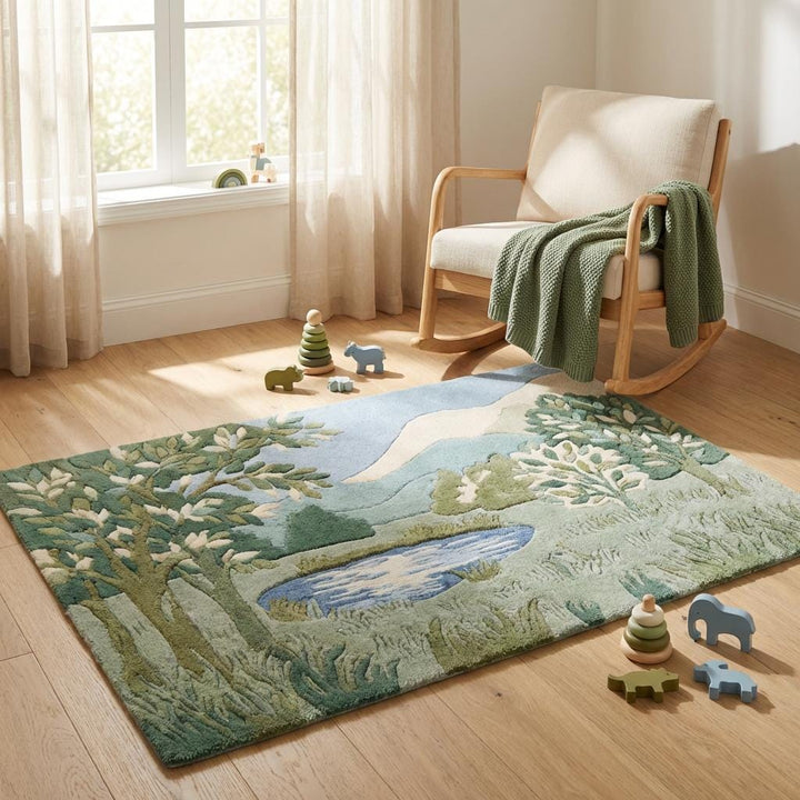 Translation missing: en.Hand Tufted Wool Landscape Rug Carved High Low Pile Green Botanical Living Room Area Carpet