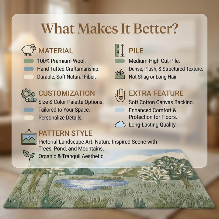 Translation missing: en.Hand Tufted Wool Landscape Rug Carved High Low Pile Green Botanical Living Room Area Carpet