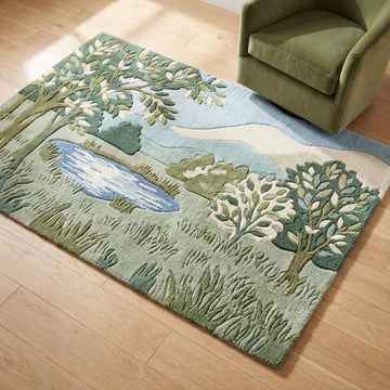 Translation missing: fr.Hand tufted wool landscape rug with carved high low pile in green botanical design for living room