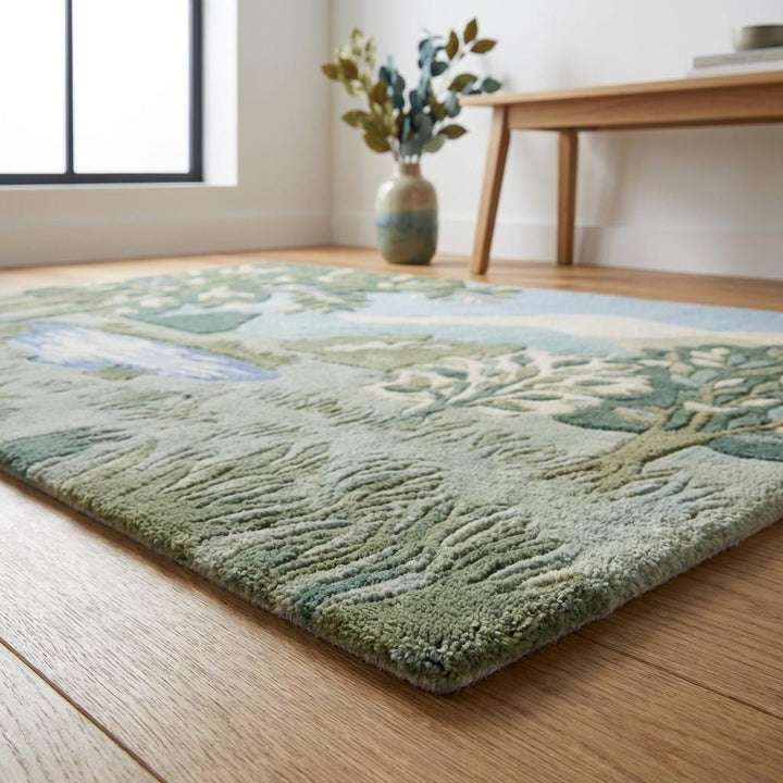 Translation missing: en.Contemporary hand tufted green rug with scenic landscape motif styled beside olive accent chair