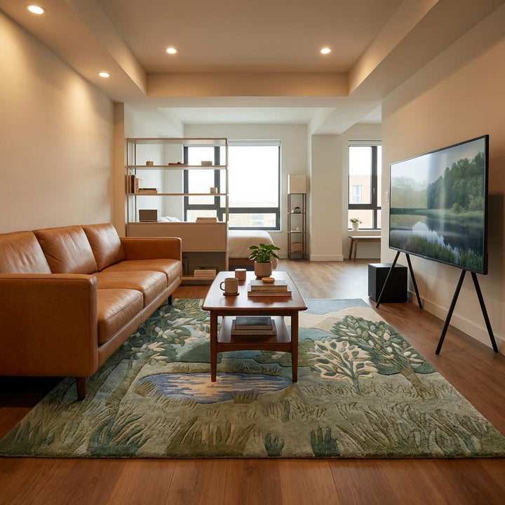 Translation missing: en.High pile wool area rug with sculpted tree pattern and calming earth tone palette for modern interiors