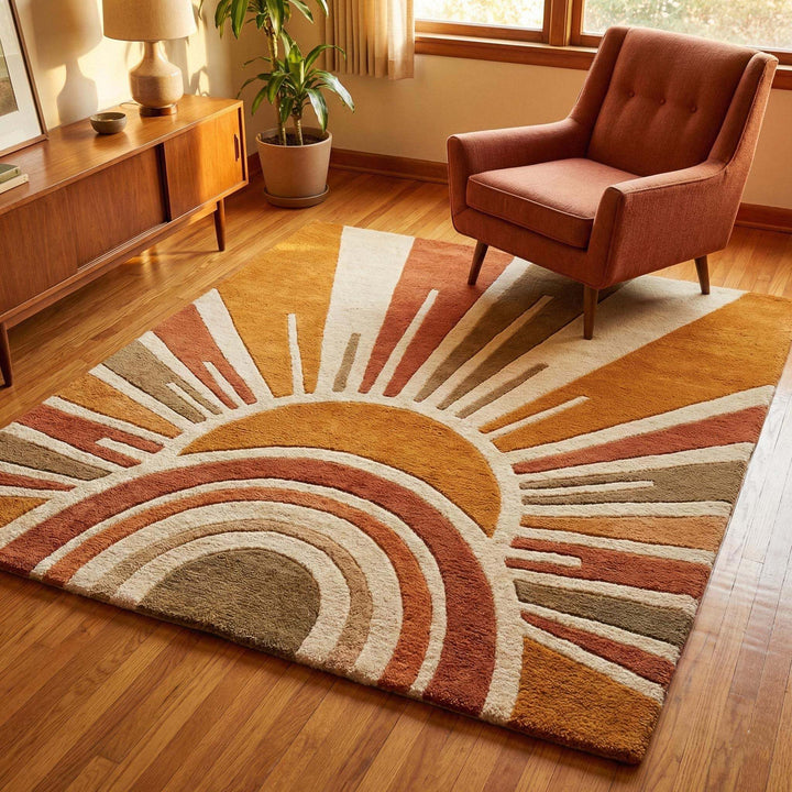 Translation missing: es.Hand tufted wool modern area rug with abstract sunburst pattern for living room decor
