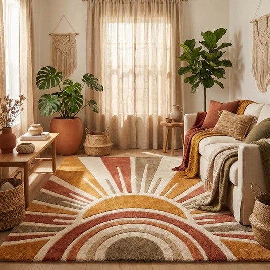 Translation missing: es.Plush handmade wool rug for living room aesthetic decor with retro abstract pattern