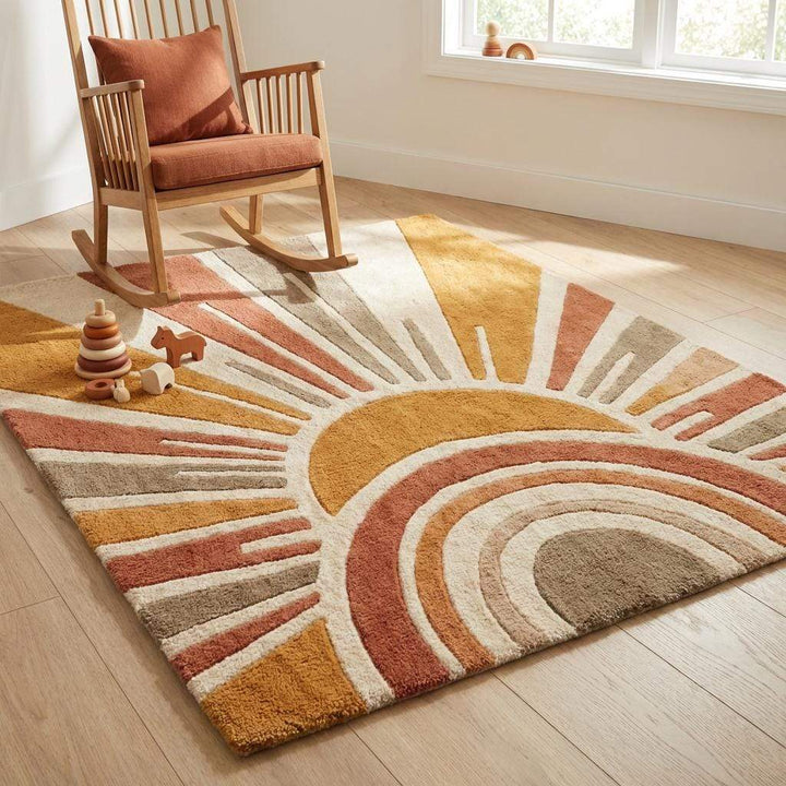 Translation missing: es.Artistic abstract wool rug adding warmth and texture to minimalist home interiors