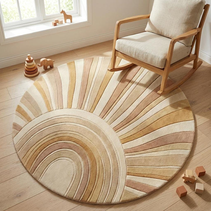 Translation missing: es.Contemporary designer round wool rug with layered radial pattern and warm earthy color palette