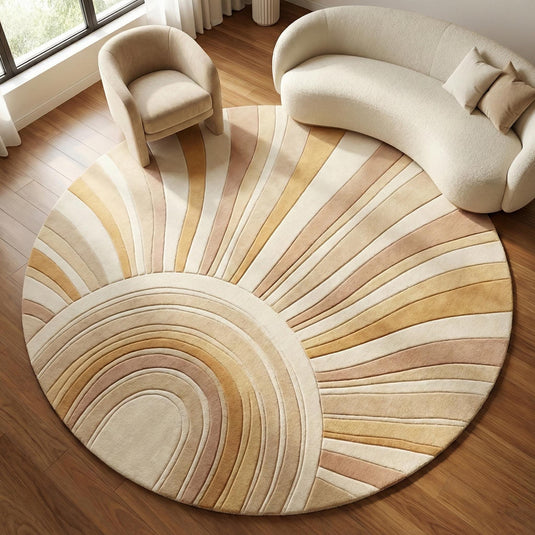 Translation missing: es.Hand tufted wool round rug with abstract sunburst design in neutral tones for modern interiors