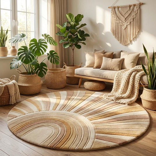 Translation missing: es.Neutral beige sunburst round carpet creating focal point on wooden floor in minimalist living space