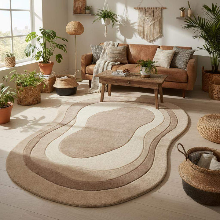 Translation missing: es.Abstract neutral area rug handmade from wool, freeform irregular shape modern rug