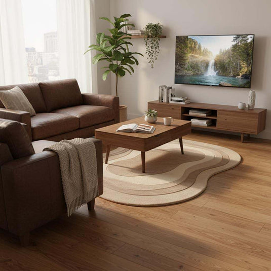 Translation missing: es.Irregular shaped wool rug in beige tones, minimalist Scandinavian living room rug