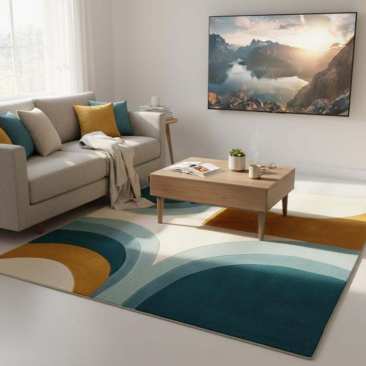 Translation missing: en.Hand-tufted wool rug with mid-century teal and mustard arc design on cream background