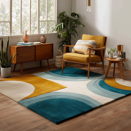 Translation missing: en.Hand-tufted wool rug with teal and mustard mid-century modern arc design on cream background