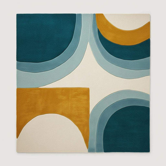 Translation missing: en.Hand-tufted wool rug with mid-century modern teal and mustard arc design on cream background