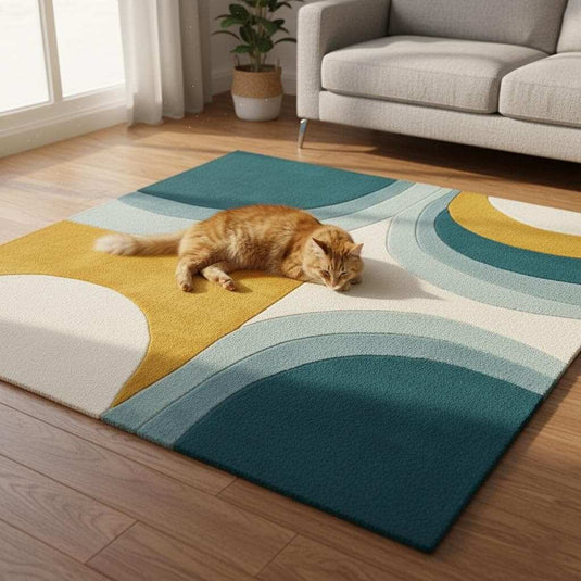 Translation missing: en.Hand-tufted wool rug with mid-century modern teal and mustard arc design on cream background