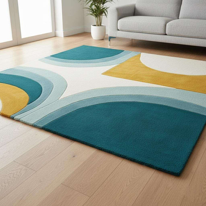 Translation missing: en.Hand-tufted wool rug with mid-century modern teal, mustard, and cream arc design