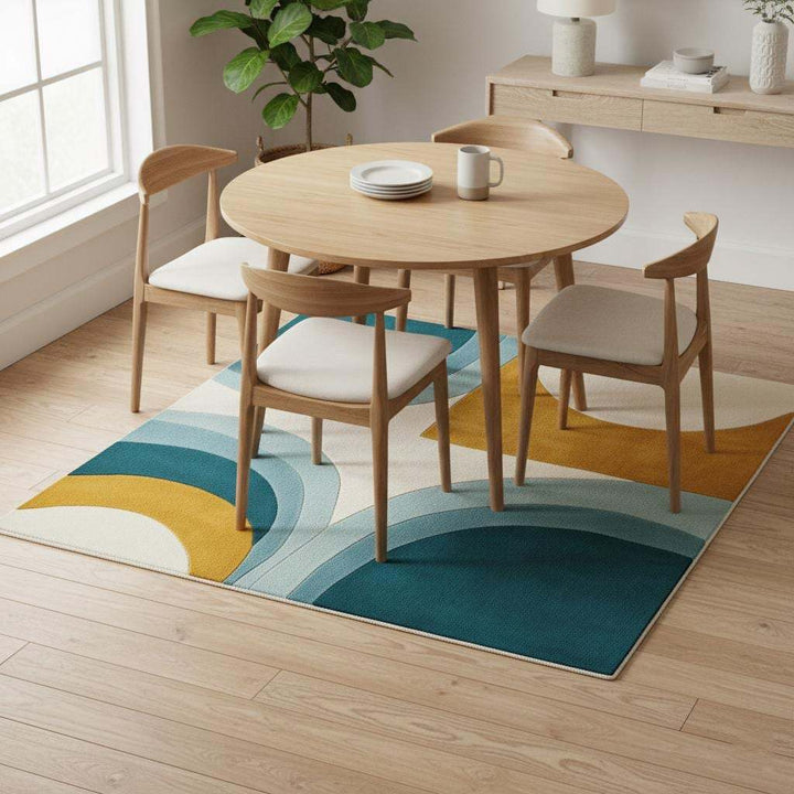Translation missing: en.Hand-tufted wool rug with mid-century modern teal and mustard arc design on cream background