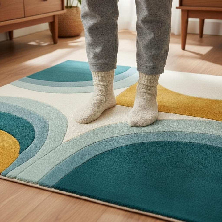 Translation missing: en.Hand-tufted wool rug with mid-century teal and mustard arc design on cream background