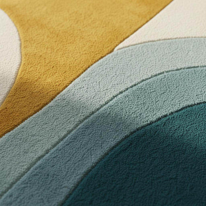 Translation missing: en.Hand-tufted wool rug with mid-century modern teal and mustard arcs on cream background