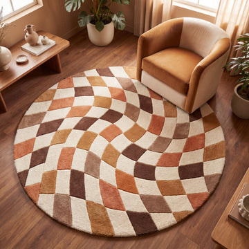 Translation missing: es.Hand tufted round wool rug with retro geometric wave pattern in terracotta, ivory, and brown tones styled in a modern living room __etsy:8048400923